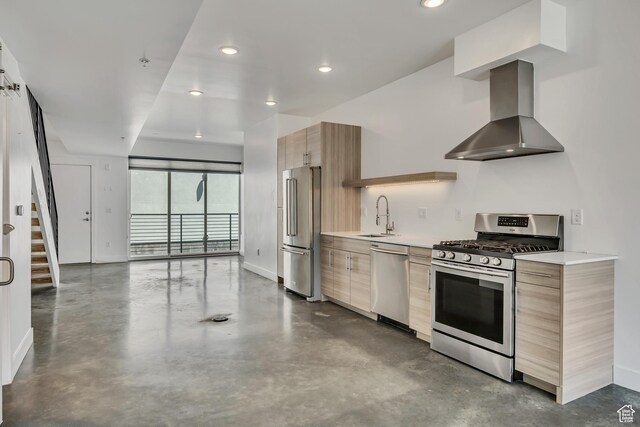 877 S 200 W Unit 212, Salt Lake City, UT 84101 - kitchen with stainless steel appliances, wall chimney exhaust hood, concrete flooring, modern cabinets, and recessed lighting