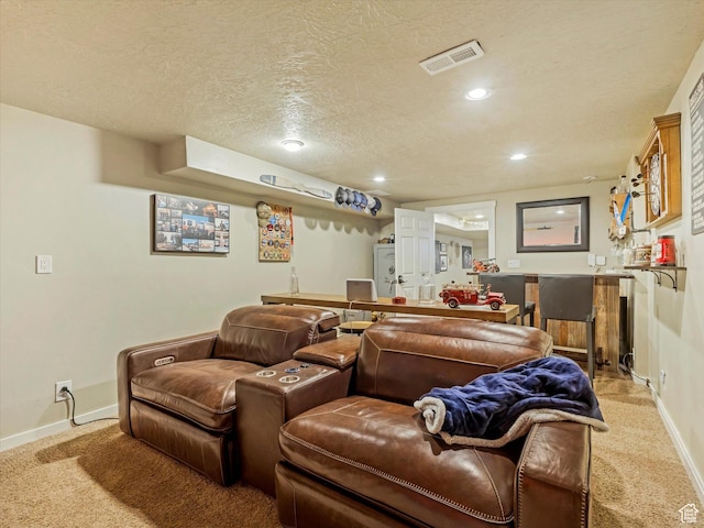 9714 S Buttonwood Dr E, Sandy, UT 84092 - cinema room featuring light colored carpet, a textured ceiling, bar, and recessed lighting