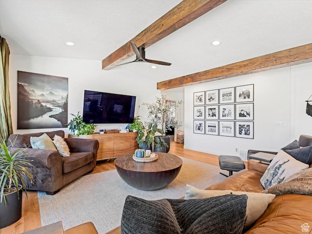 9714 S Buttonwood Dr E, Sandy, UT 84092 - living area with wood finished floors, beam ceiling, recessed lighting, and ceiling fan