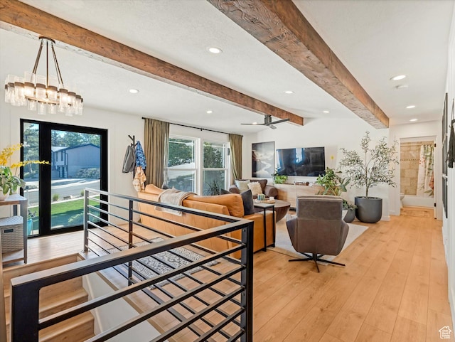 9714 S Buttonwood Dr E, Sandy, UT 84092 - living room with beam ceiling, recessed lighting, light wood-style floors, a chandelier, and ceiling fan