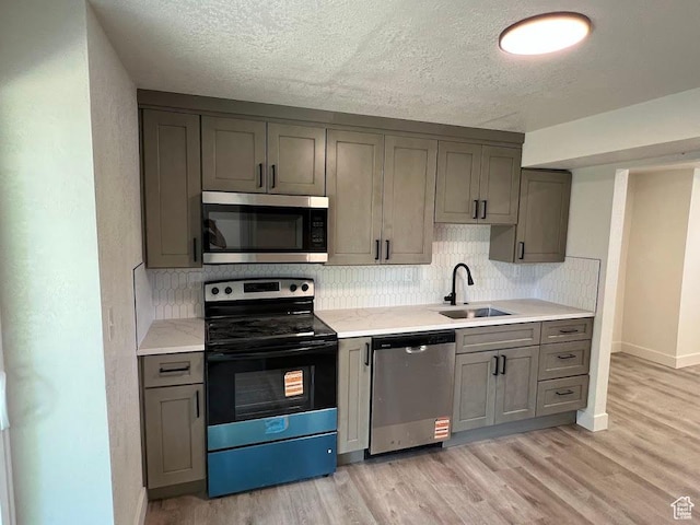 1569 E Boysenberry Cir S, Sandy, UT 84093 - kitchen with stainless steel appliances, gray cabinetry, tasteful backsplash, and a textured ceiling