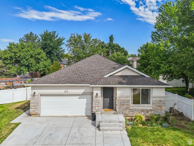 1212 Pinehurst Cir, Farmington, UT 84025 - ranch-style house with an attached garage, a shingled roof, driveway, and stone siding