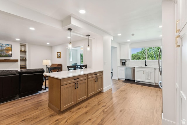 1537 N Sweetwater Ln, Farmington, UT 84025 - kitchen featuring dishwasher, open floor plan, light wood-style floors, decorative backsplash, and recessed lighting