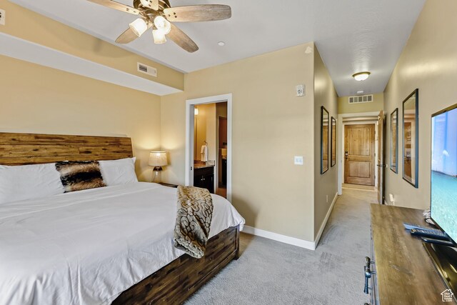 6169 E Park Ln S Unit 30, Park City, UT 84098 - bedroom featuring light carpet, ceiling fan, and connected bathroom