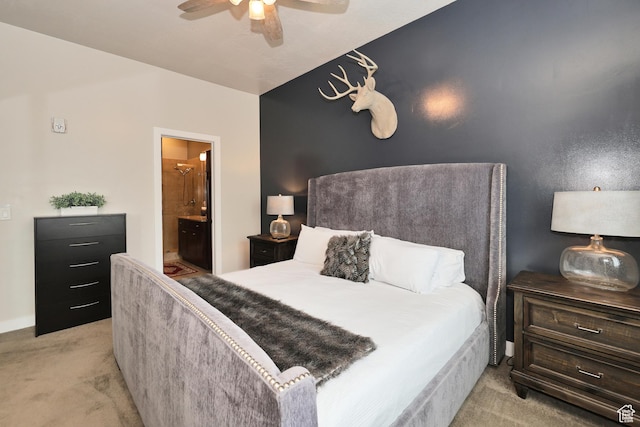 6169 E Park Ln S Unit 30, Park City, UT 84098 - bedroom with light carpet, connected bathroom, and a ceiling fan