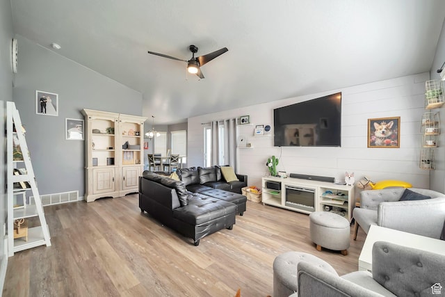 633 Little Rock Dr, Santaquin, UT 84655 - living area with ceiling fan, lofted ceiling, and light wood-style floors