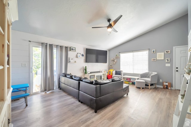 633 Little Rock Dr, Santaquin, UT 84655 - living room with ceiling fan, vaulted ceiling, and light wood finished floors