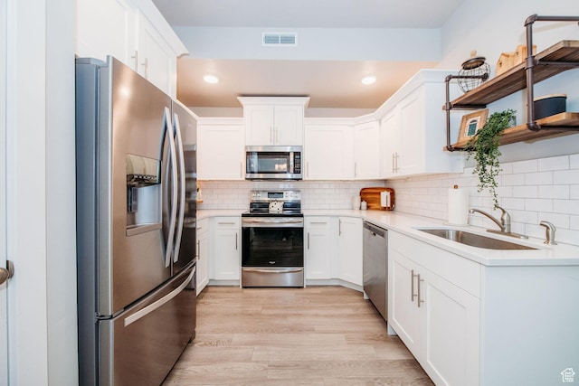2726 S 2250 W Unit 218, West Haven, UT 84401 - kitchen with stainless steel appliances, open shelves, white cabinetry, light countertops, and backsplash