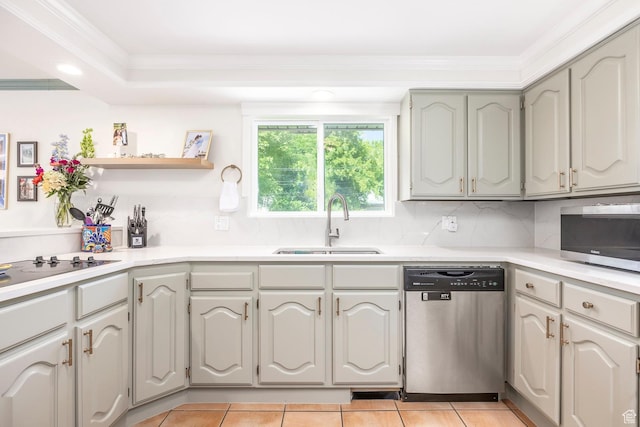 32 S Smokey Ln, Emigration Canyon, UT 84108 - kitchen with appliances with stainless steel finishes, light countertops, light tile patterned floors, crown molding, and decorative backsplash