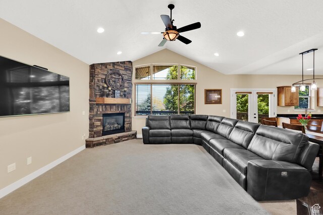 385 E 1000 S Unit 42, Salem, UT 84653 - living area featuring healthy amount of natural light, recessed lighting, lofted ceiling, a fireplace, and a ceiling fan