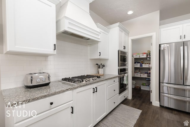 3694 E Tauri Way, St George, UT 84790 - kitchen featuring stainless steel appliances, premium range hood, white cabinetry, and dark wood finished floors