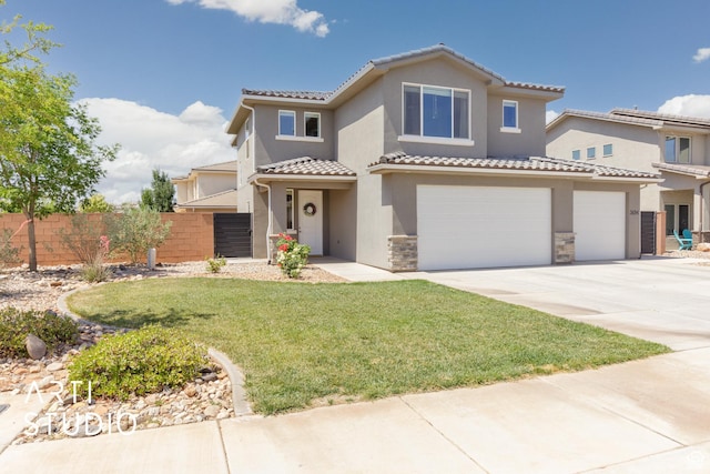 3694 E Tauri Way, St George, UT 84790 - mediterranean / spanish home featuring a garage, a tiled roof, driveway, stone siding, and stucco siding