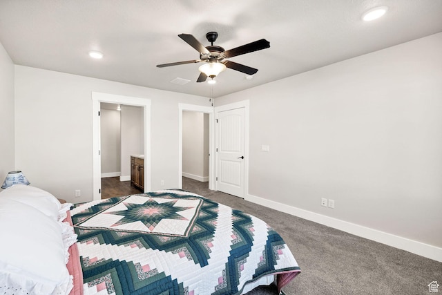 824 N 980 W, Tremonton, UT 84337 - bedroom featuring dark colored carpet, recessed lighting, a ceiling fan, and connected bathroom