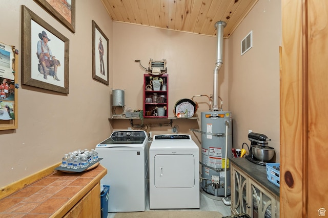 1665 E 1200 N, Mount Pleasant, UT 84647 - laundry area with strapped water heater, wood ceiling, and washer and dryer