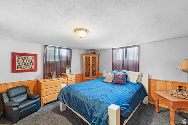 1665 E 1200 N, Mount Pleasant, UT 84647 - carpeted bedroom with a textured ceiling, wooden walls, and a wainscoted wall