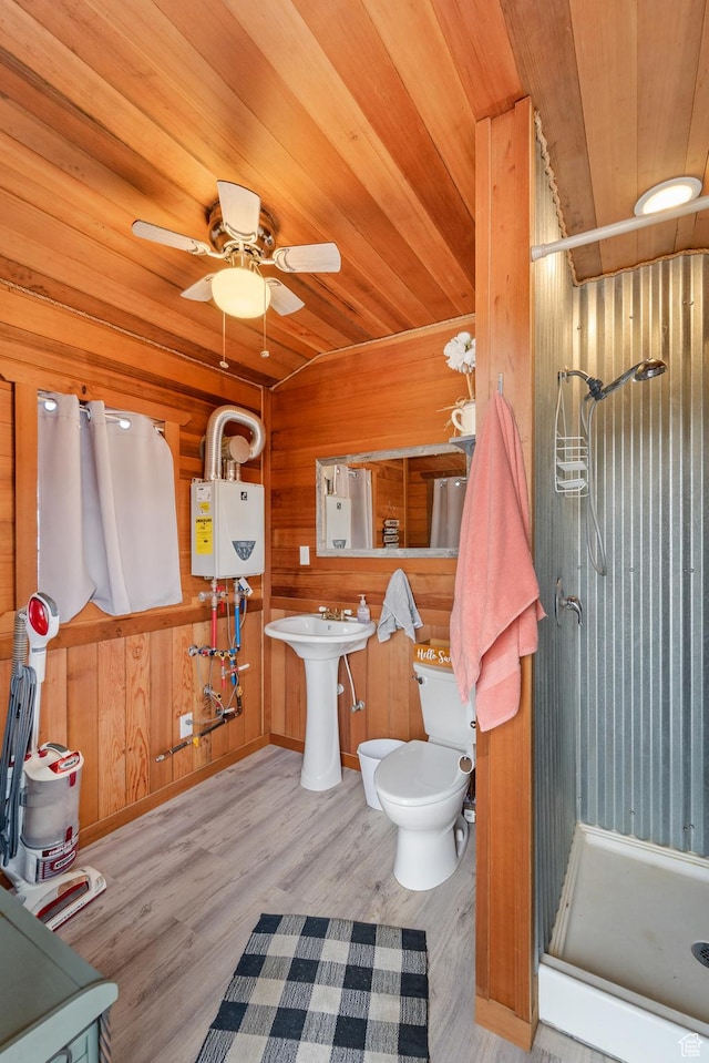 1665 E 1200 N, Mount Pleasant, UT 84647 - full bath featuring wood ceiling, a stall shower, wood walls, wood finished floors, and a ceiling fan