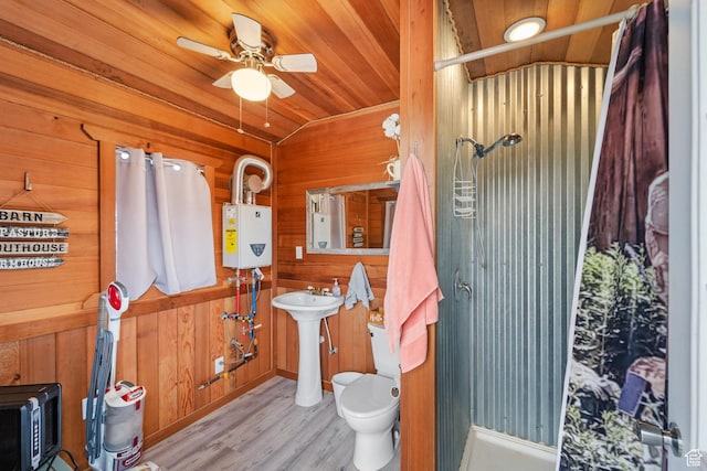 1665 E 1200 N, Mount Pleasant, UT 84647 - bathroom with wood walls, a shower stall, wood finished floors, ceiling fan, and wooden ceiling