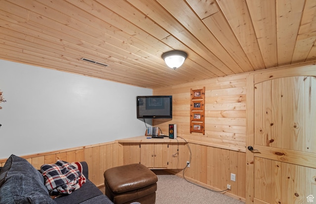 1665 E 1200 N, Mount Pleasant, UT 84647 - living area featuring wood ceiling, wood walls, and carpet floors