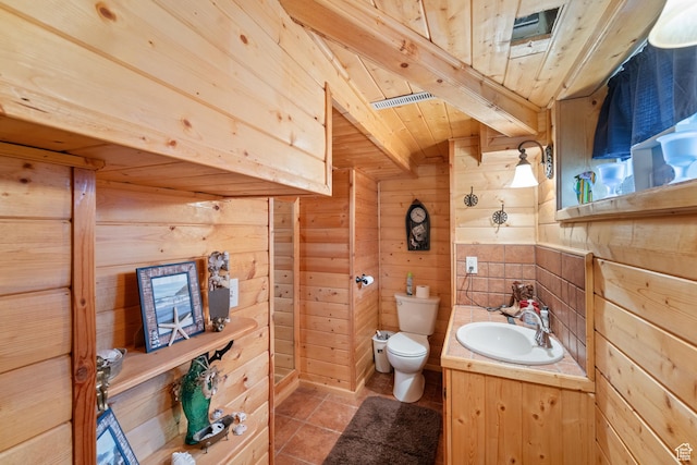 1665 E 1200 N, Mount Pleasant, UT 84647 - bathroom featuring wooden walls, vanity, tile patterned flooring, and wooden ceiling