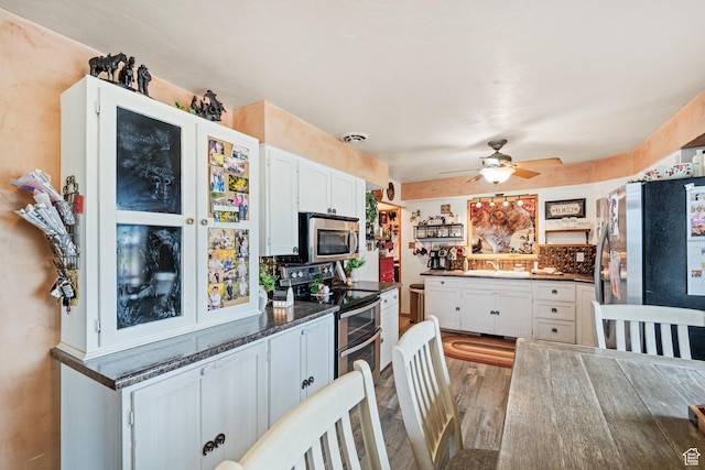 1665 E 1200 N, Mount Pleasant, UT 84647 - kitchen with stainless steel appliances, ceiling fan, white cabinets, and dark countertops