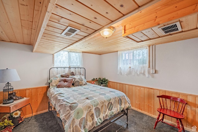 1665 E 1200 N, Mount Pleasant, UT 84647 - bedroom with wood ceiling, wood walls, carpet flooring, and a wainscoted wall