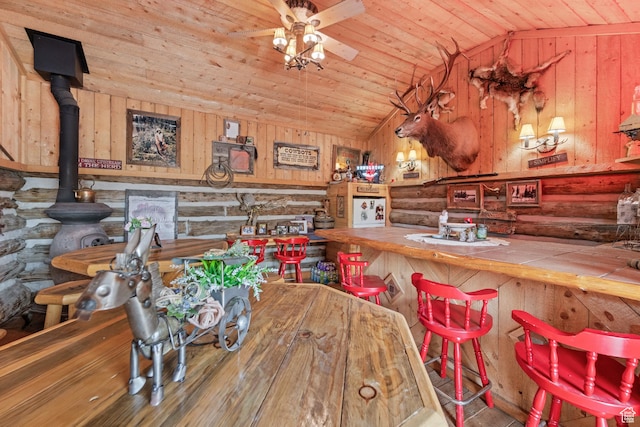 1665 E 1200 N, Mount Pleasant, UT 84647 - dining area featuring lofted ceiling, wooden ceiling, ceiling fan, wood walls, and a wood stove