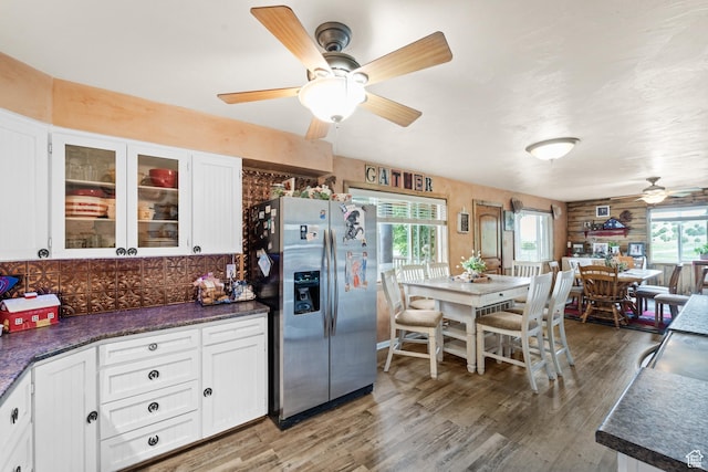 1665 E 1200 N, Mount Pleasant, UT 84647 - kitchen featuring stainless steel fridge, ceiling fan, white cabinets, and glass insert cabinets