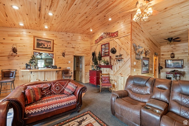 1665 E 1200 N, Mount Pleasant, UT 84647 - carpeted living room featuring wood walls, wooden ceiling, a ceiling fan, and recessed lighting