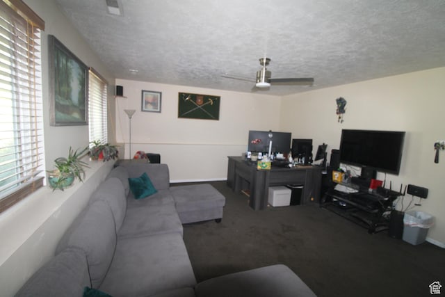423 W 180 N, Clearfield, UT 84015 - carpeted living room with a textured ceiling and ceiling fan