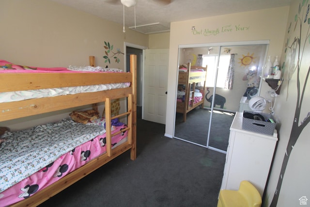 423 W 180 N, Clearfield, UT 84015 - bedroom with dark colored carpet, a closet, a ceiling fan, and attic access
