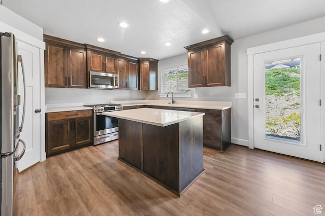 108 S 900 E, Hyde Park, UT 84318 - kitchen featuring appliances with stainless steel finishes, recessed lighting, wood finished floors, light countertops, and dark brown cabinetry