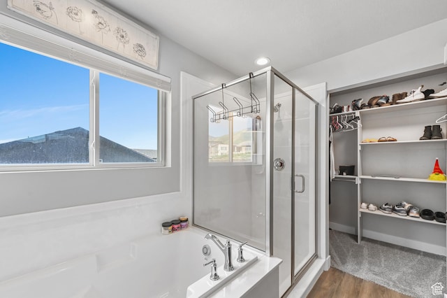 108 S 900 E, Hyde Park, UT 84318 - full bathroom featuring a stall shower, a garden tub, a walk in closet, wood finished floors, and recessed lighting