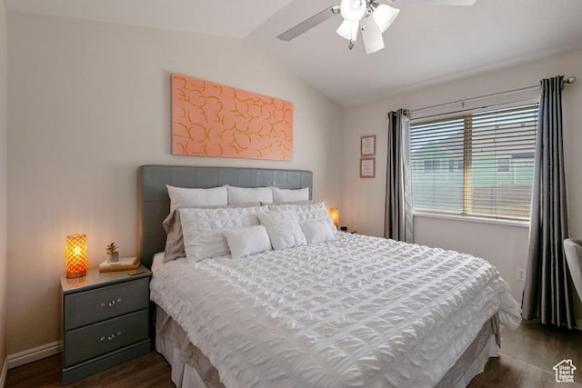 4015 S Brandon Ct, West Valley City, UT 84128 - bedroom featuring dark wood finished floors, vaulted ceiling, and a ceiling fan