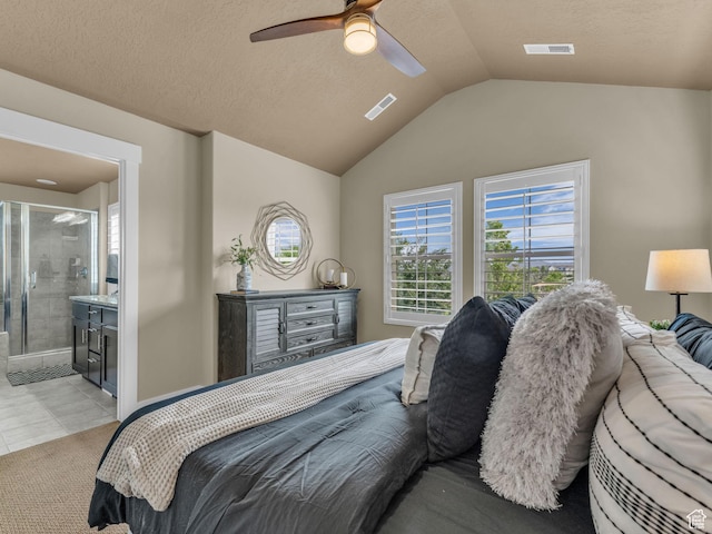 4956 W Vermillion Dr, South Jordan, UT 84009 - bedroom with vaulted ceiling, ensuite bathroom, ceiling fan, and light tile patterned floors