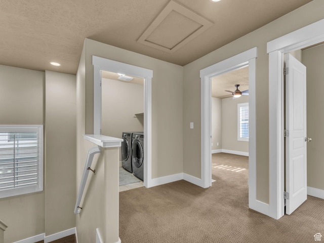 4956 W Vermillion Dr, South Jordan, UT 84009 - hallway featuring washer and clothes dryer, light colored carpet, and recessed lighting