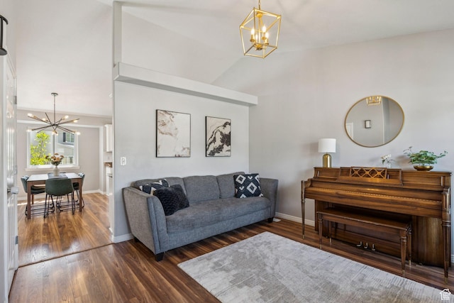 4052 W Newland Loop, Lehi, UT 84043 - living area with a chandelier, wood finished floors, and lofted ceiling