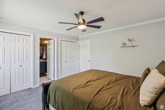 4052 W Newland Loop, Lehi, UT 84043 - carpeted bedroom with ornamental molding, multiple closets, ensuite bathroom, and ceiling fan