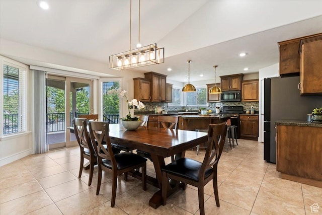 14257 S Round Rock Dr W, Herriman, UT 84096 - dining space with recessed lighting, light tile patterned floors, and vaulted ceiling
