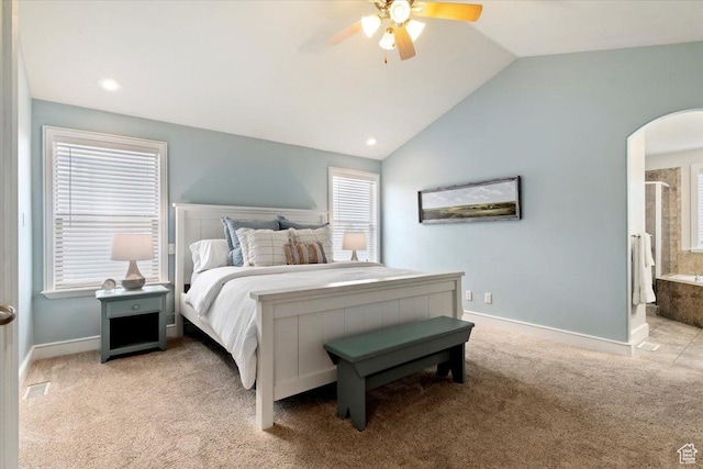 14257 S Round Rock Dr W, Herriman, UT 84096 - bedroom with arched walkways, vaulted ceiling, light colored carpet, ceiling fan, and recessed lighting