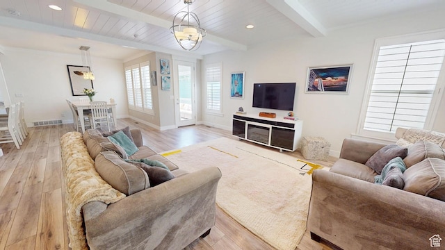 10612 S Lake Ave, South Jordan, UT 84009 - living area featuring light wood-style floors, a chandelier, beam ceiling, and recessed lighting