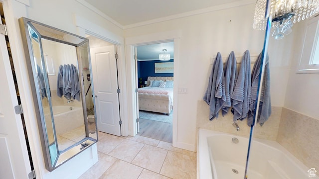 10612 S Lake Ave, South Jordan, UT 84009 - ensuite bathroom featuring a garden tub, crown molding, tile patterned floors, and a chandelier