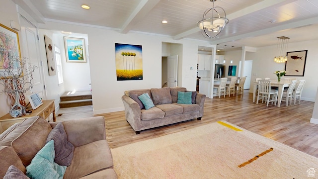 10612 S Lake Ave, South Jordan, UT 84009 - living area with a chandelier, light wood-style floors, recessed lighting, and a wood ceiling with exposed beams