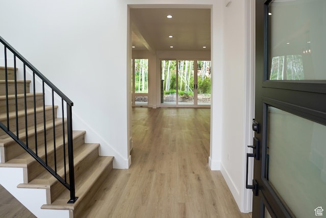 11234 E Columbine Ln, Heber City, UT 84032 - foyer with light wood-type flooring, stairway, and recessed lighting