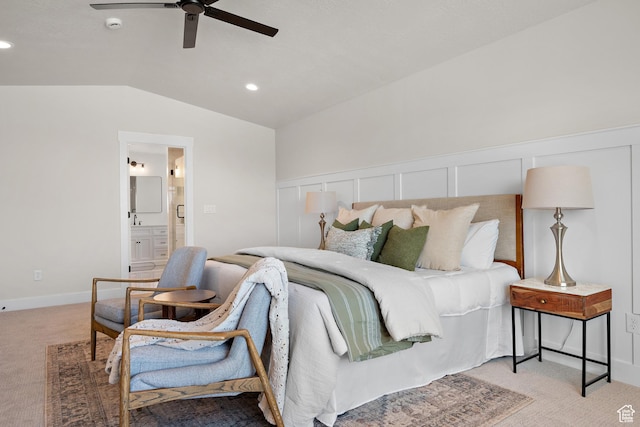 1324 E 320 S, Payson, UT 84651 - bedroom featuring light carpet, vaulted ceiling, recessed lighting, ensuite bath, and ceiling fan