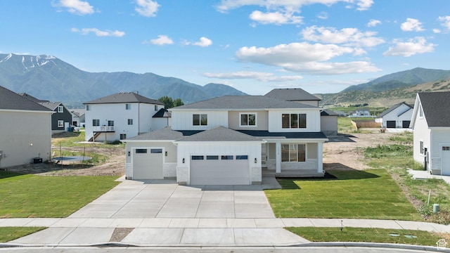 1324 E 320 S, Payson, UT 84651 - view of front facade with a garage, a mountain view, driveway, stone siding, and a front yard
