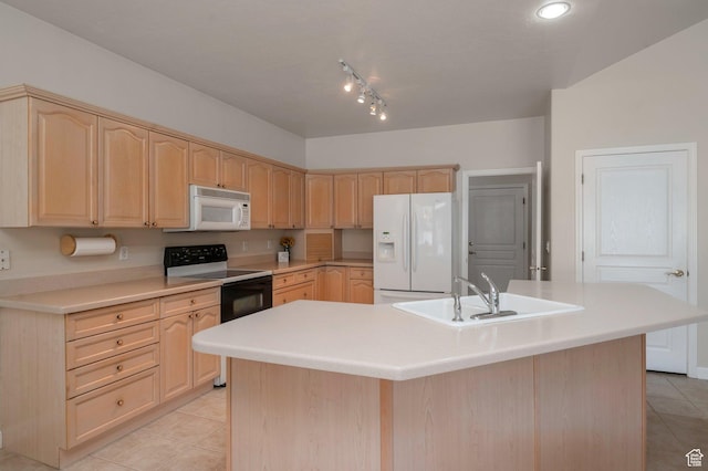 10056 S Remembrance Ln, South Jordan, UT 84095 - kitchen with white appliances, light brown cabinets, light tile patterned flooring, an island with sink, and light countertops