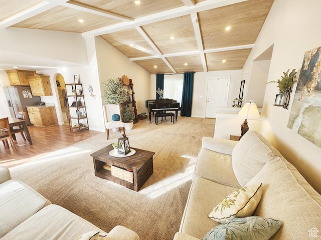 1365 N Highland Blvd, Brigham City, UT 84302 - living room with wooden ceiling, recessed lighting, arched walkways, and light colored carpet