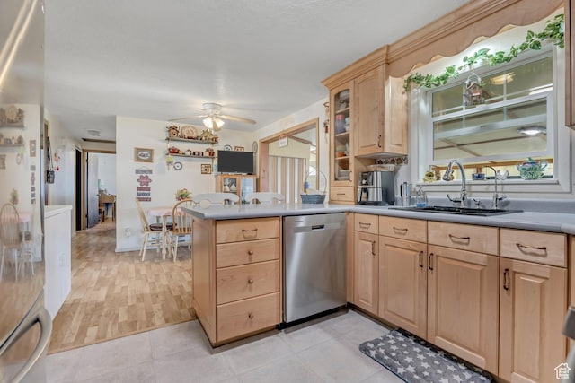 501 N Main St, Vernon, UT 84080 - kitchen featuring dishwasher, light brown cabinetry, a peninsula, a ceiling fan, and light countertops