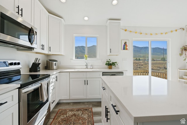 4082 N Poplar Dr, Eagle Mountain, UT 84005 - kitchen with stainless steel appliances, light wood-type flooring, a mountain view, light countertops, and recessed lighting