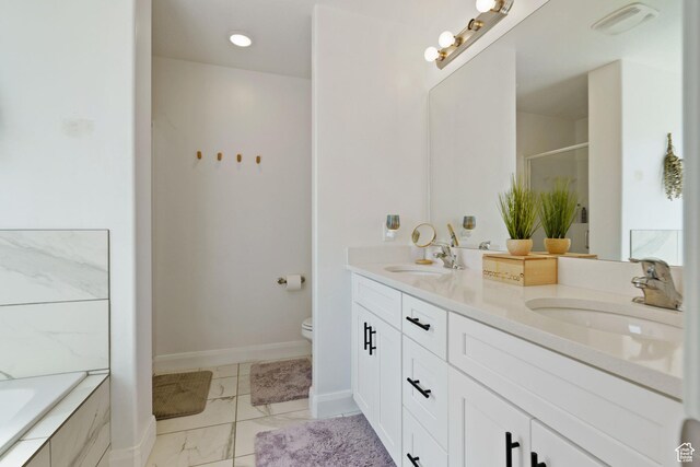 4082 N Poplar Dr, Eagle Mountain, UT 84005 - bathroom with double vanity, marble finish floors, an enclosed shower, and a tub